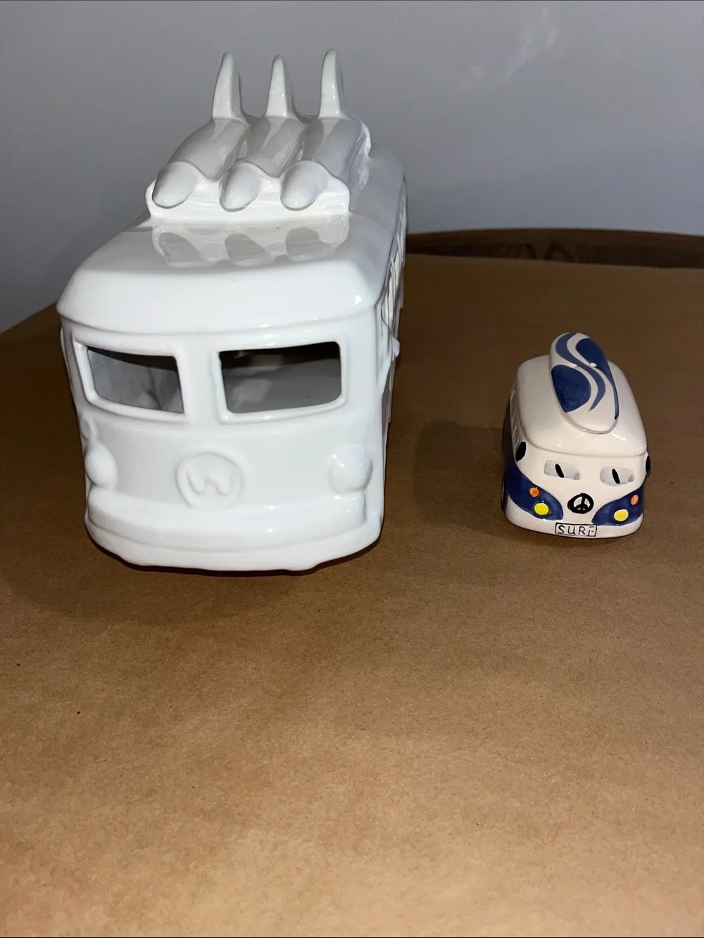 White Ceramic Surf Van and Blue Ceramic Camper -